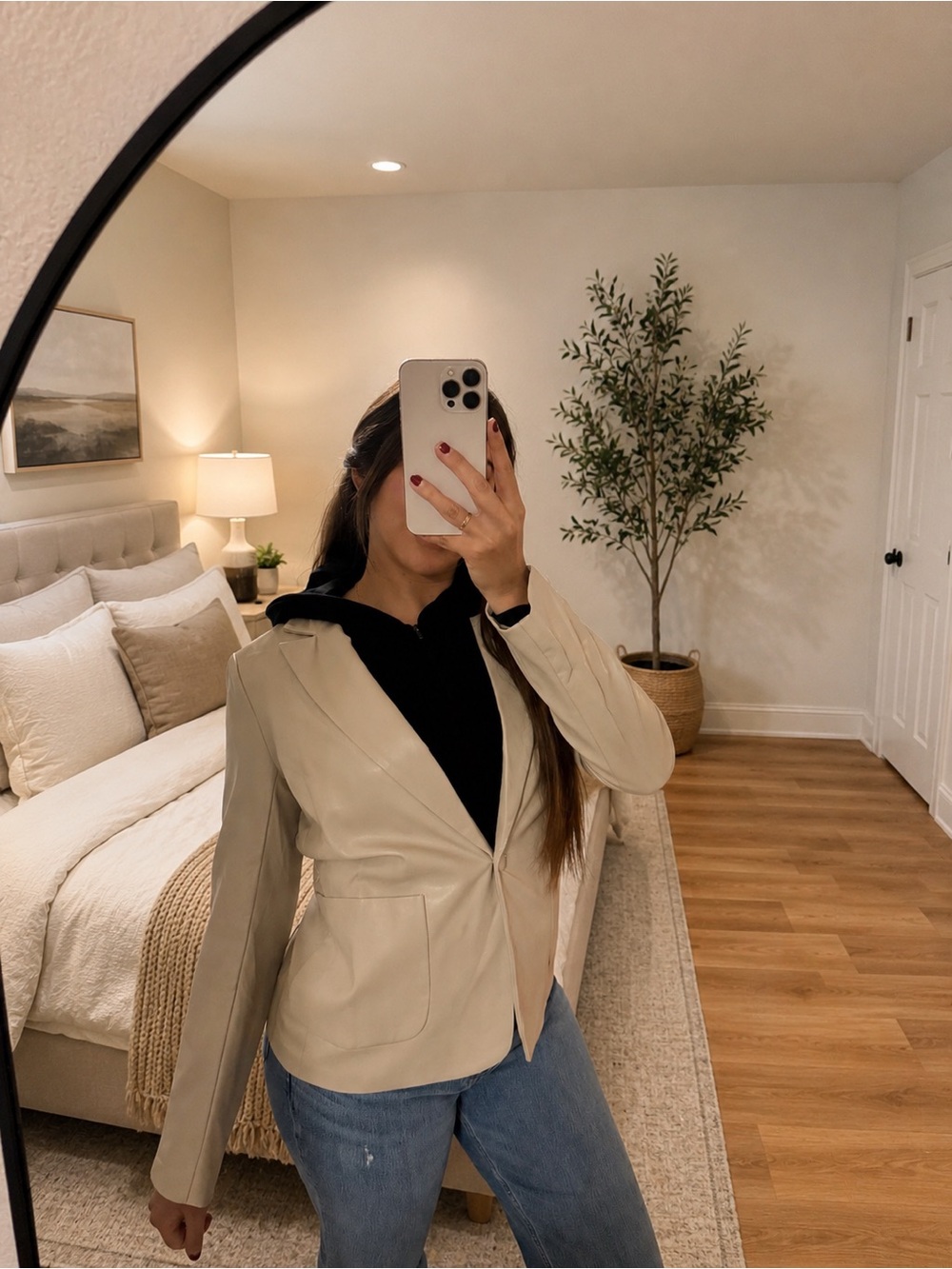 Women's Beige Leather Blazer Jacket